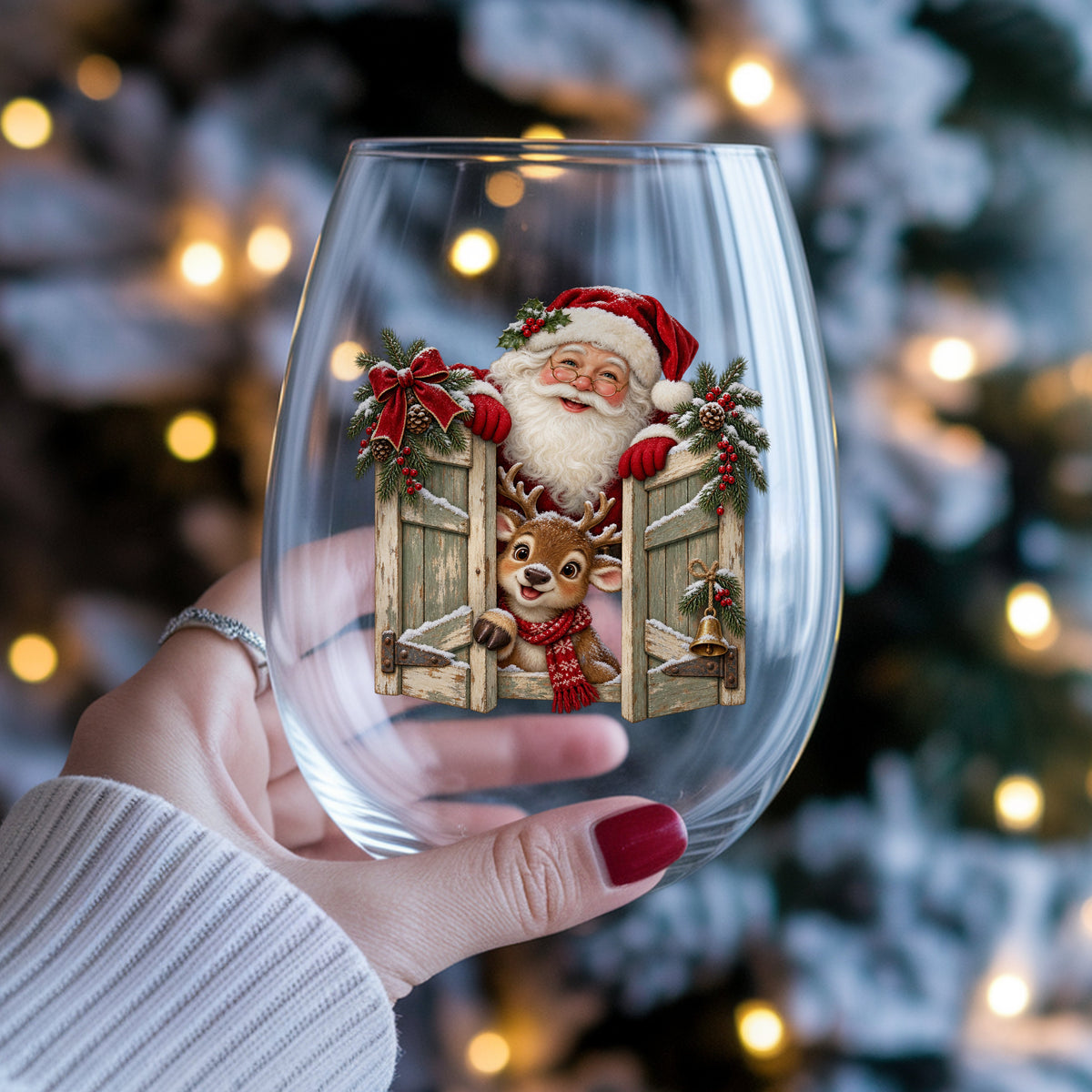 Santa And Reindeer Behind Wooden Shutters UV DTF sticker applied to a stemless wine glass held in hand