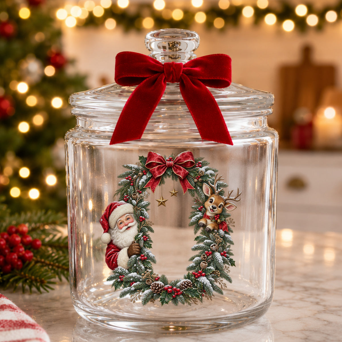 Santa And Reindeer Peeking Through Christmas Wreath UV DTF sticker applied to a glass candy jar tied with a red bow