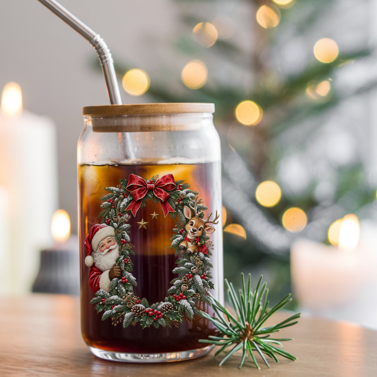 Santa And Reindeer Peeking Through Christmas Wreath UV DTF sticker applied to a glass can cup of iced coffee with a straw