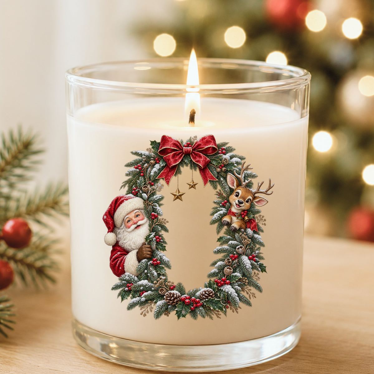 Santa And Reindeer Peeking Through Christmas Wreath UV DTF sticker applied to a white candle in a glass holder near Christmas lights