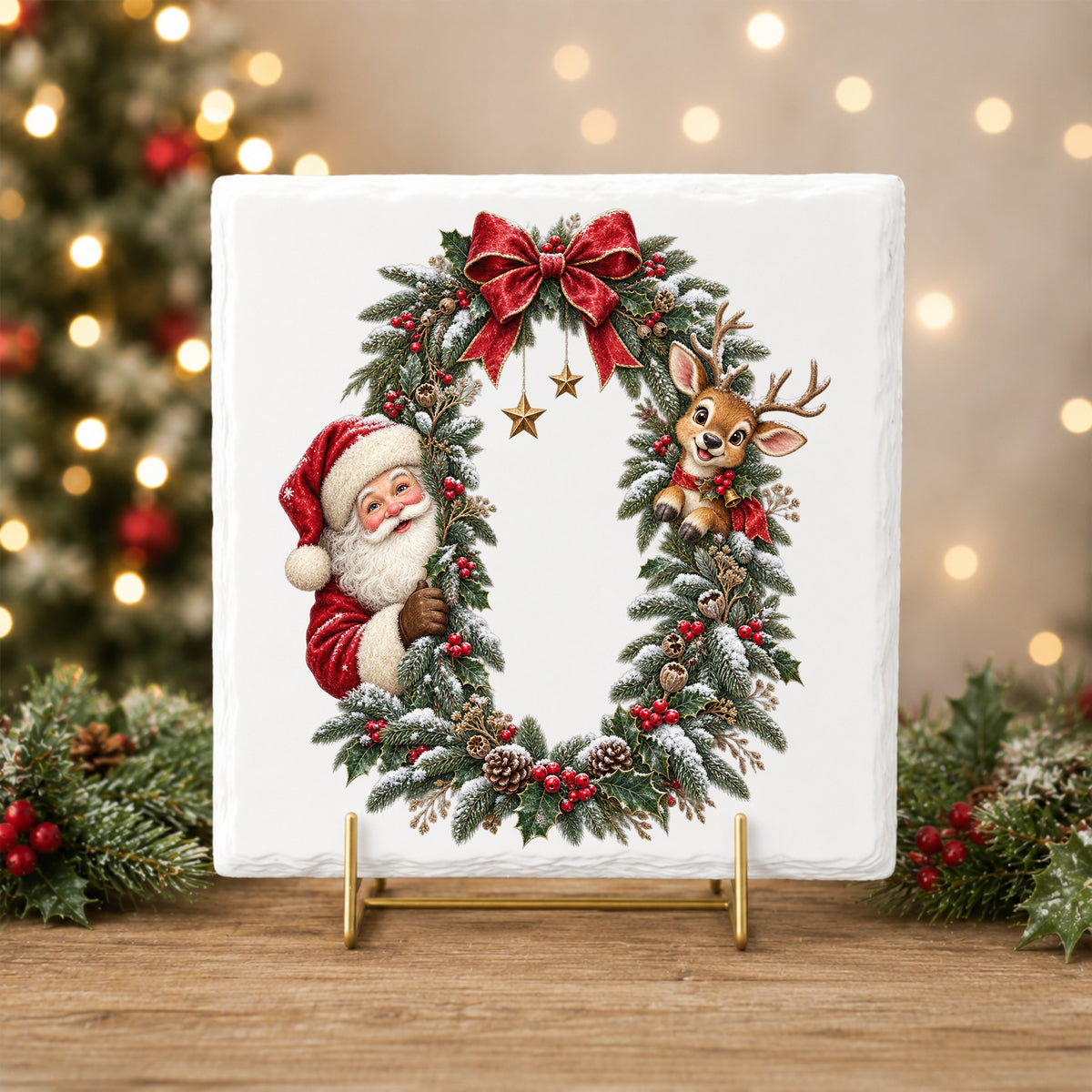 Santa And Reindeer Peeking Through Christmas Wreath UV DTF sticker applied to a white tile on a gold stand