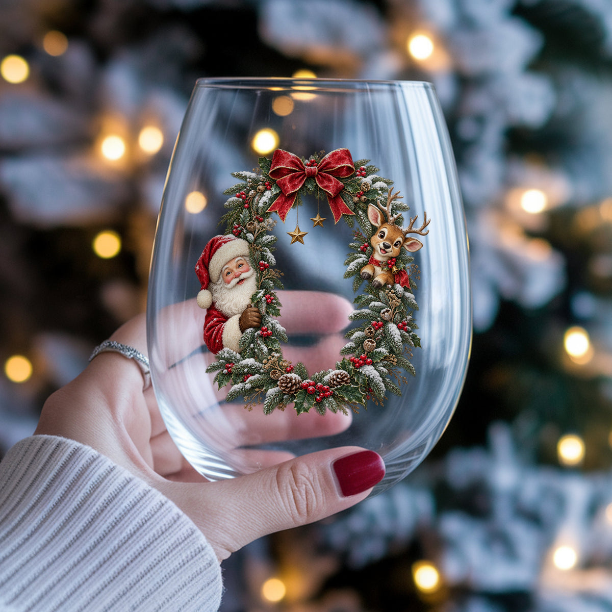 Santa And Reindeer Peeking Through Christmas Wreath UV DTF sticker applied to a stemless wine glass held in hand