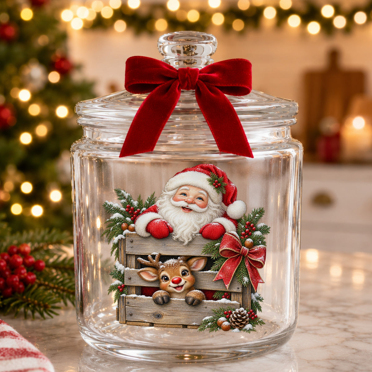 Santa And Reindeer With Wooden Crate UV DTF sticker applied to a glass candy jar tied with a red bow