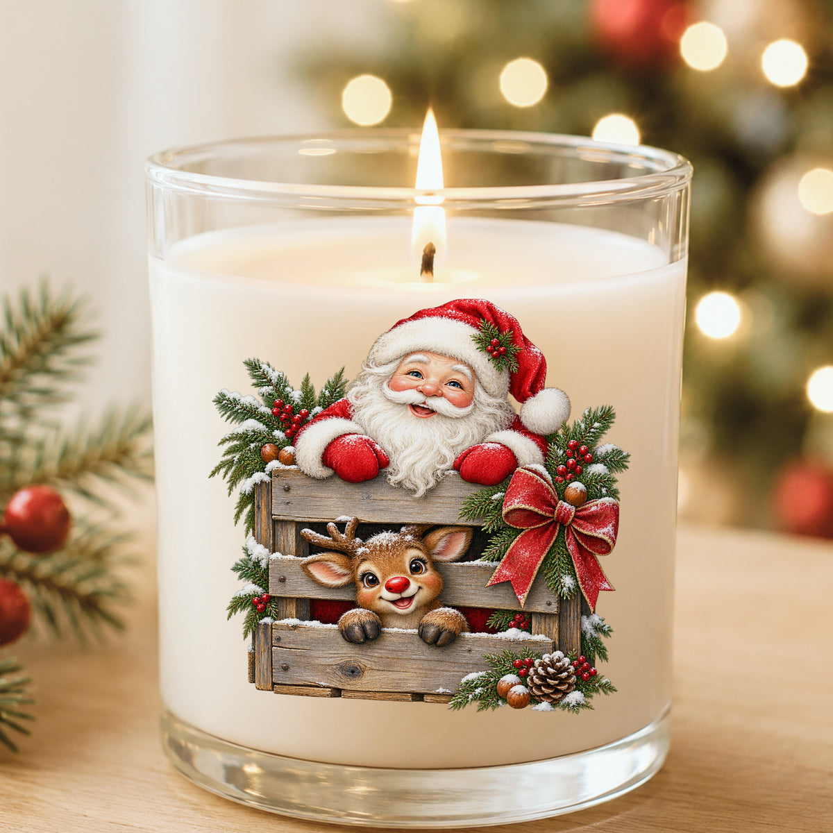 Santa And Reindeer With Wooden Crate UV DTF sticker applied to a white candle in a glass holder near Christmas lights