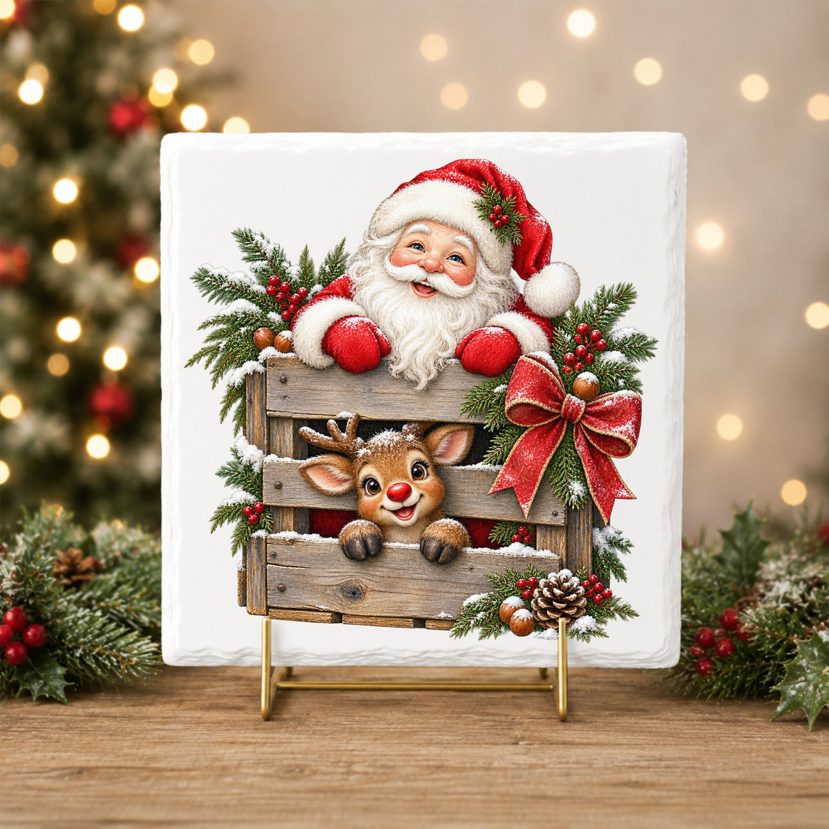 Santa And Reindeer With Wooden Crate UV DTF sticker applied to a white tile on a gold stand