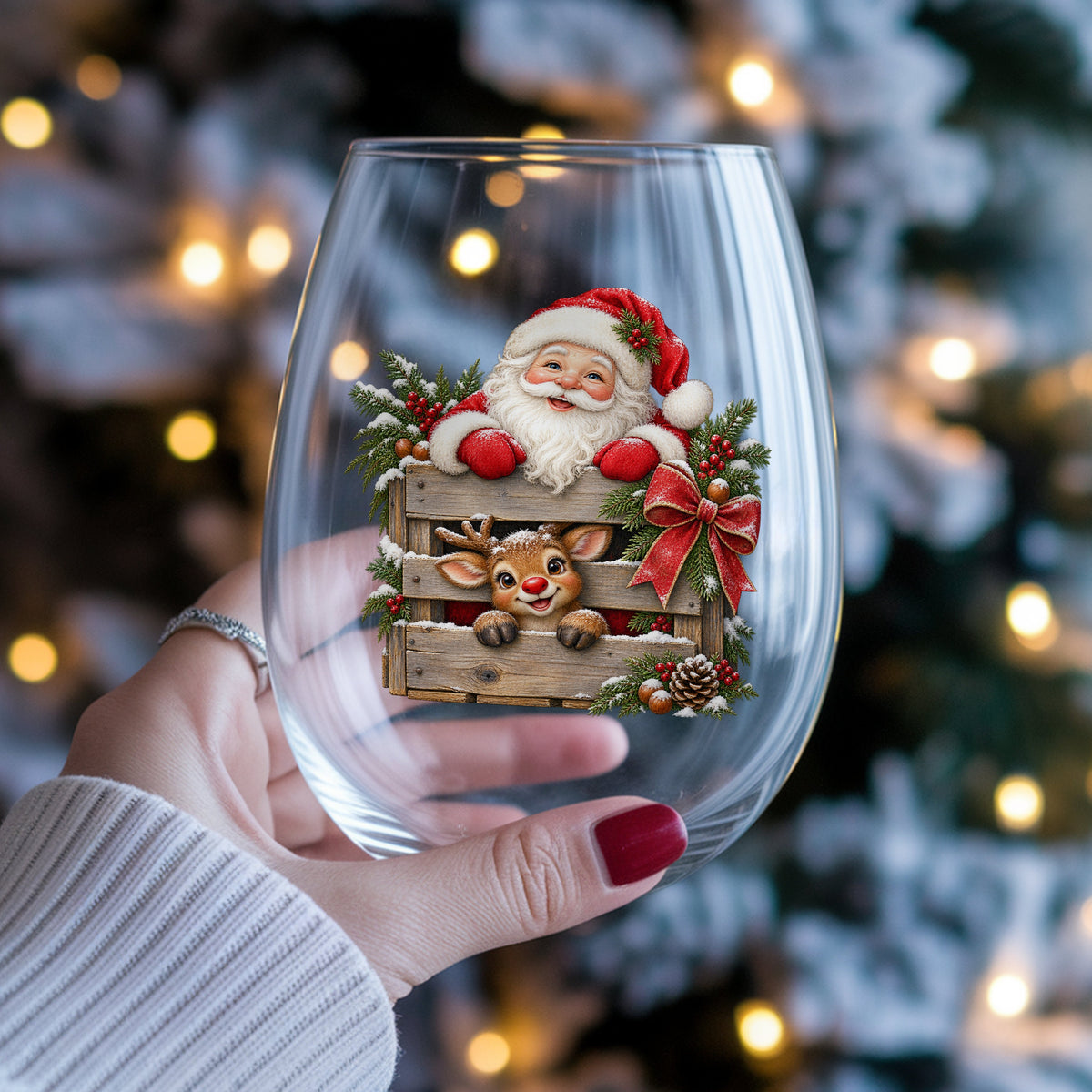 Santa And Reindeer With Wooden Crate UV DTF sticker applied to a stemless wine glass held in hand