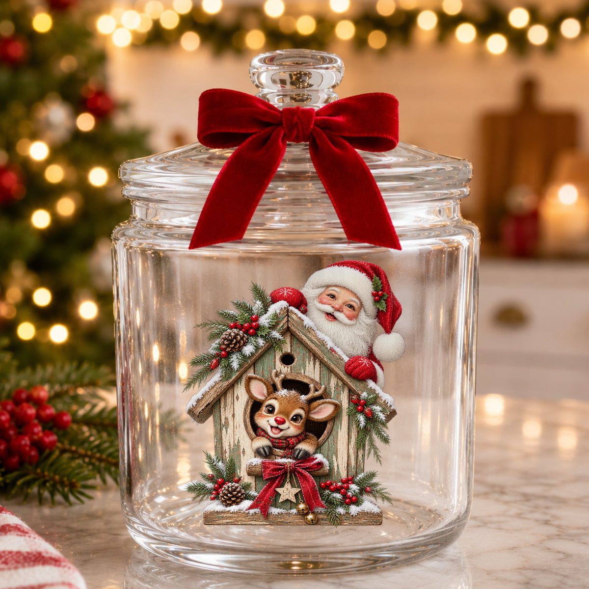 Santa And Reindeer With Rustic Birdhouse UV DTF sticker applied to a glass candy jar tied with a red bow