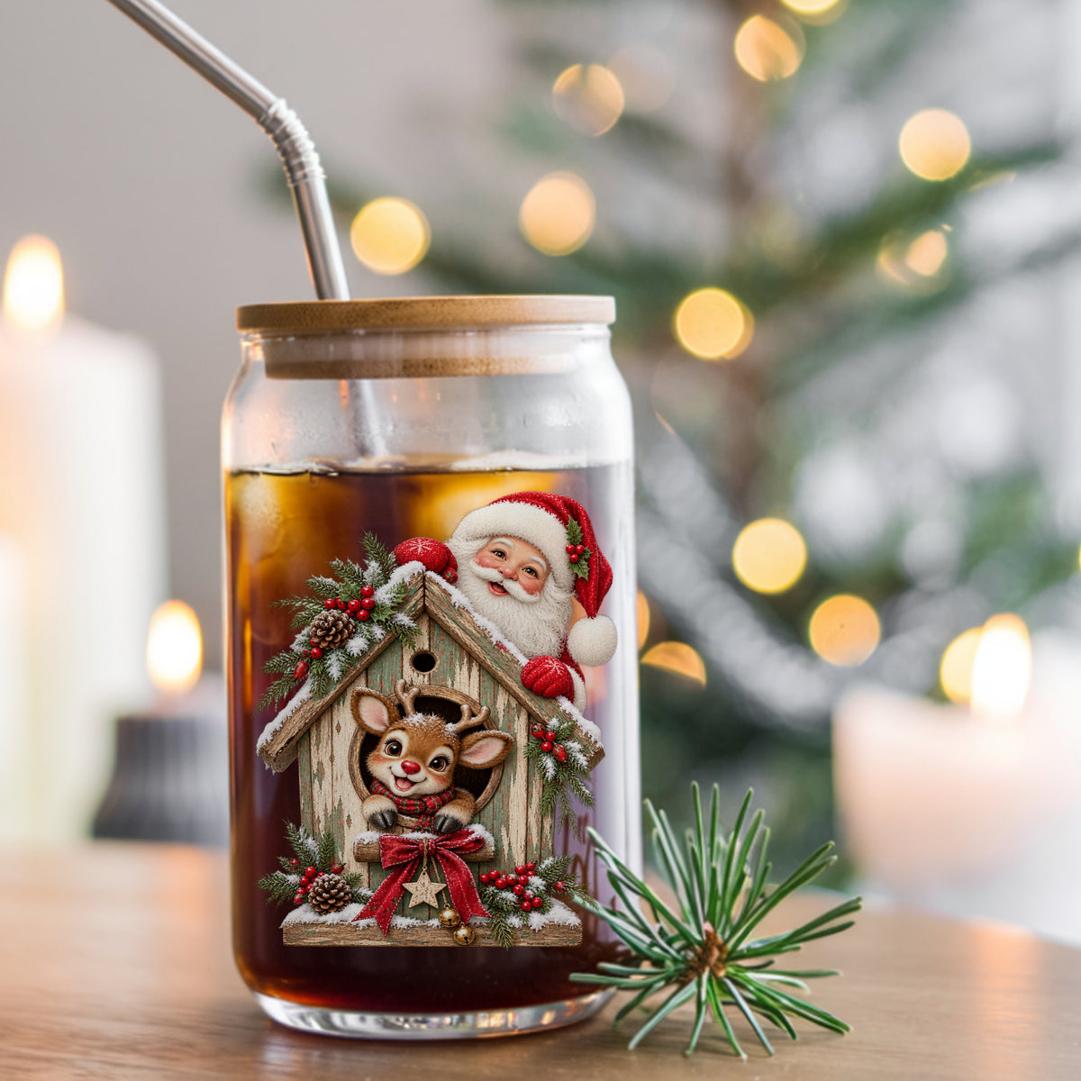 Santa And Reindeer With Rustic Birdhouse UV DTF sticker applied to a glass can cup of iced coffee with a straw