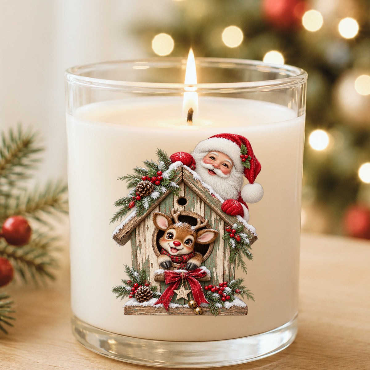 Santa And Reindeer With Rustic Birdhouse UV DTF sticker applied to a white candle in a glass holder near Christmas lights