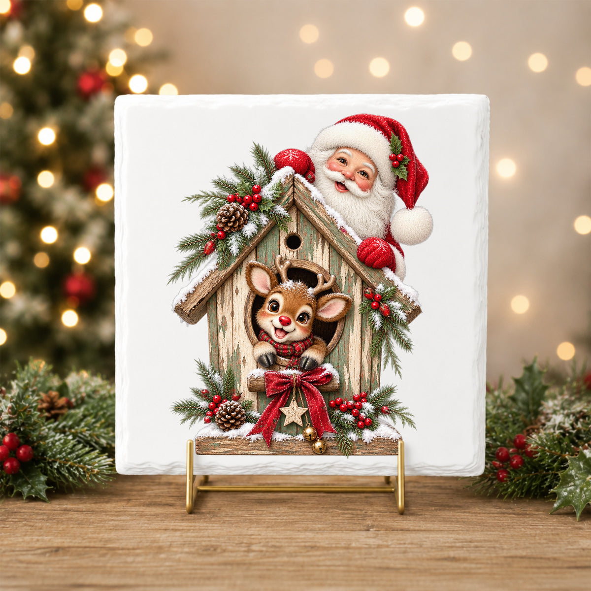 Santa And Reindeer With Rustic Birdhouse UV DTF sticker applied to a white tile on a gold stand