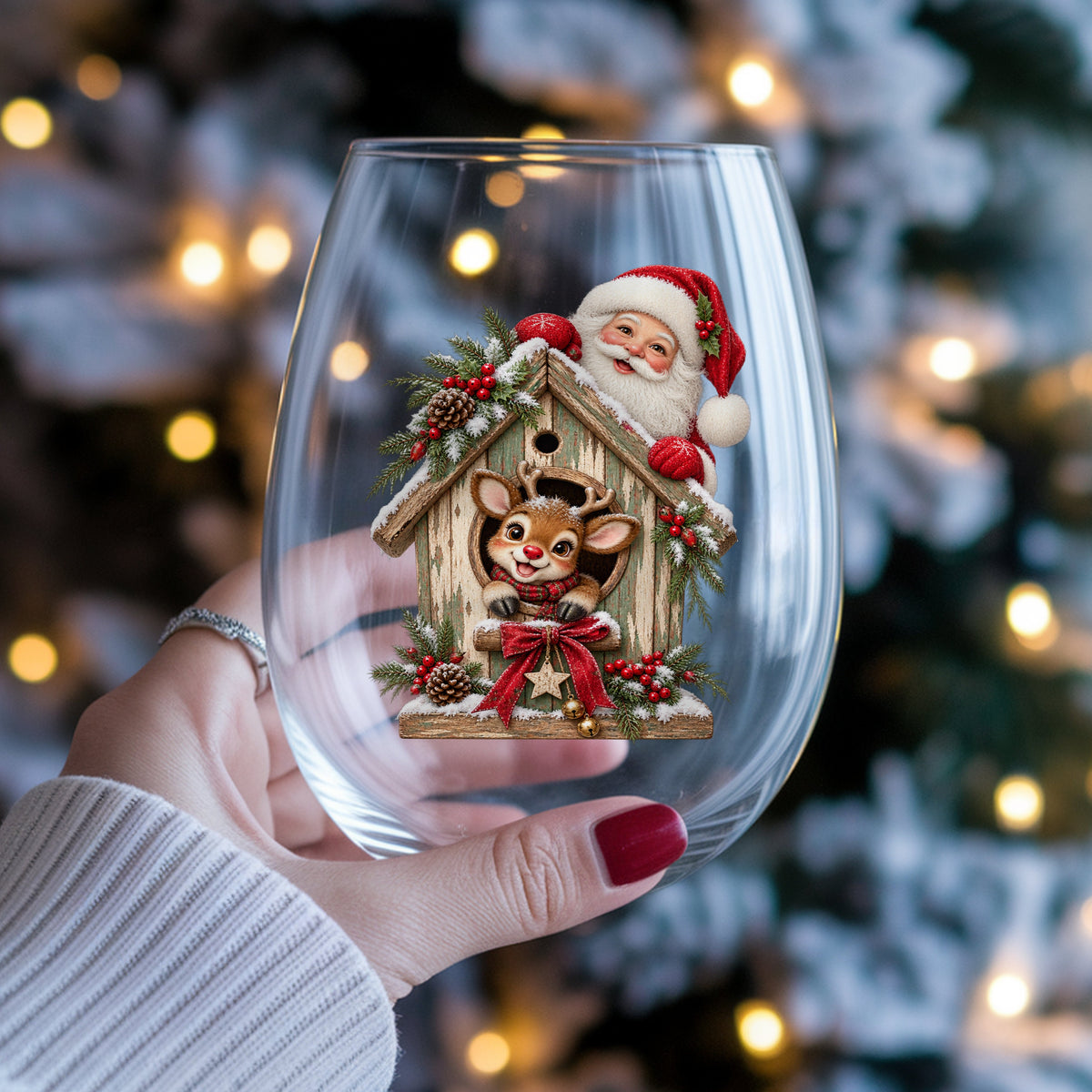 Santa And Reindeer With Rustic Birdhouse UV DTF sticker applied to a stemless wine glass held in hand