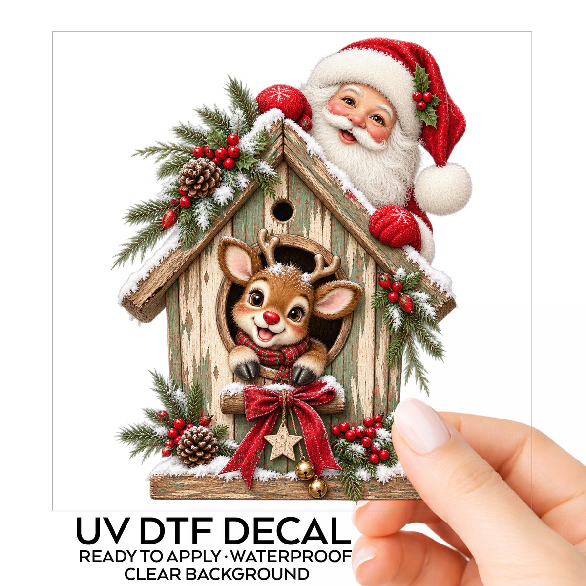 Santa And Reindeer With Rustic Birdhouse UV DTF sticker on its backing card, held in hand