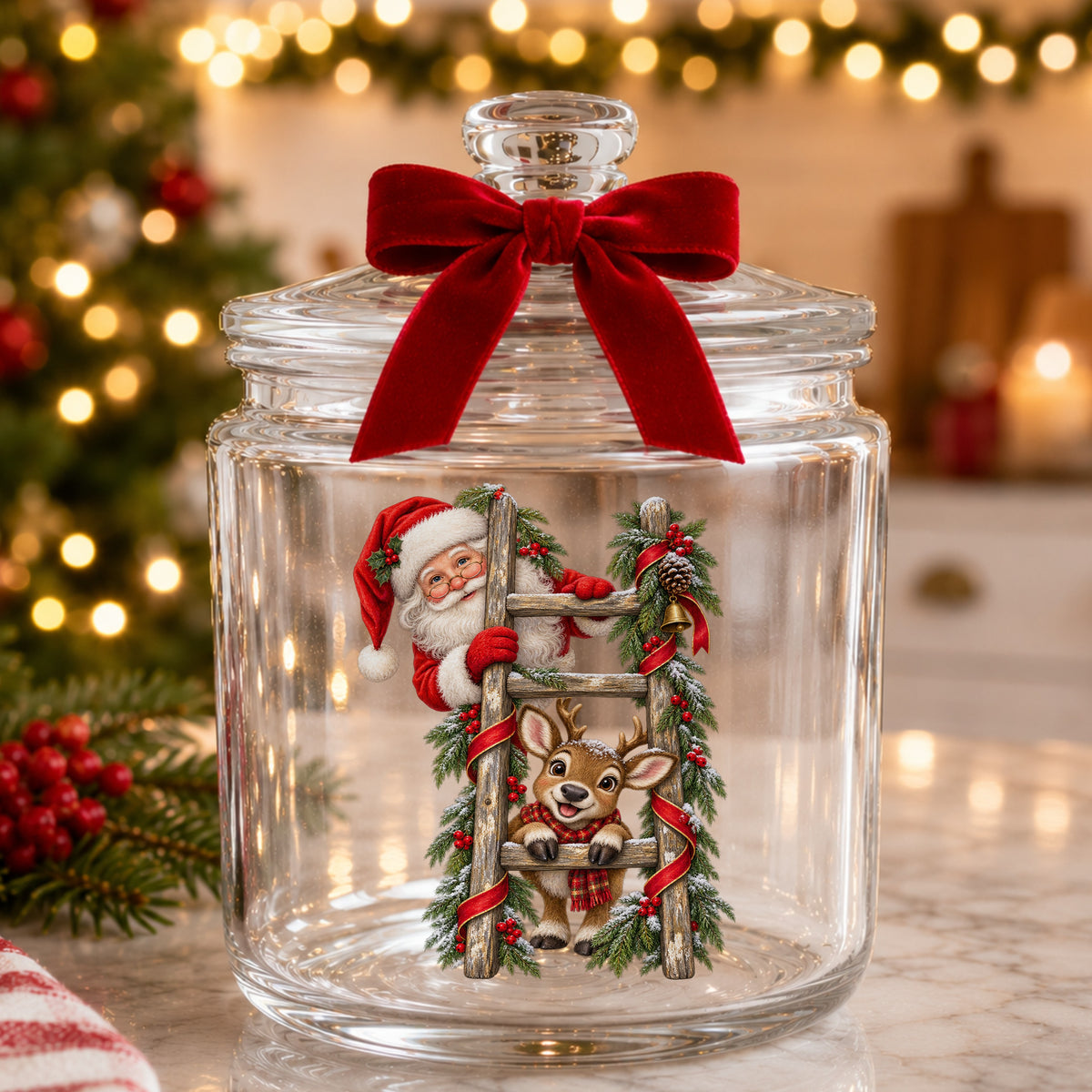 Santa And Reindeer On Wooden Ladder UV DTF sticker applied to a glass candy jar tied with a red bow