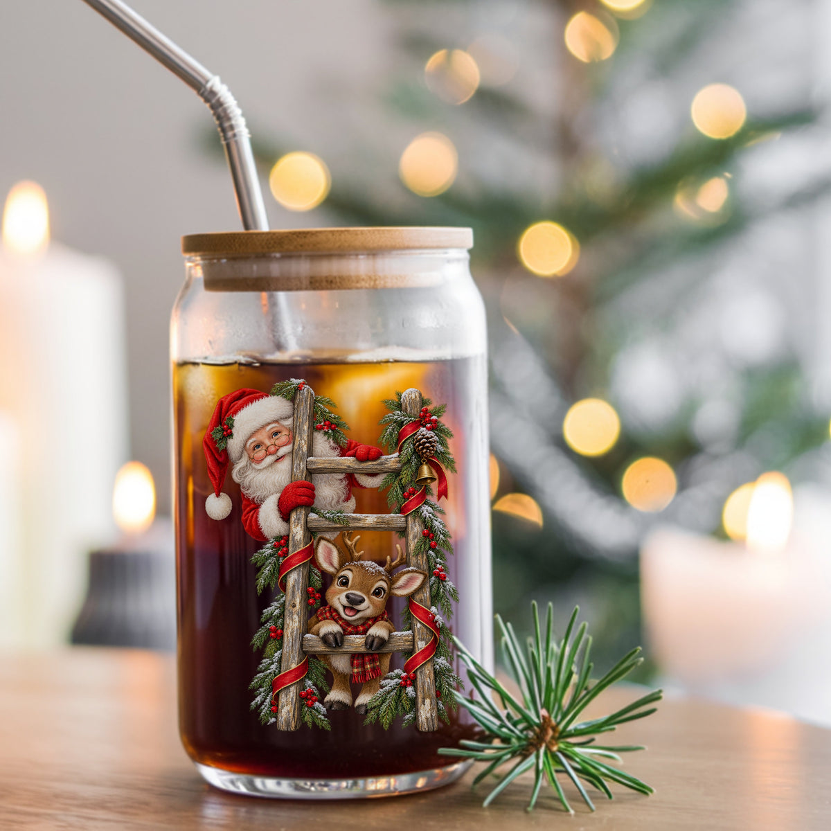 Santa And Reindeer On Wooden Ladder UV DTF sticker applied to a glass can cup of iced coffee with a straw