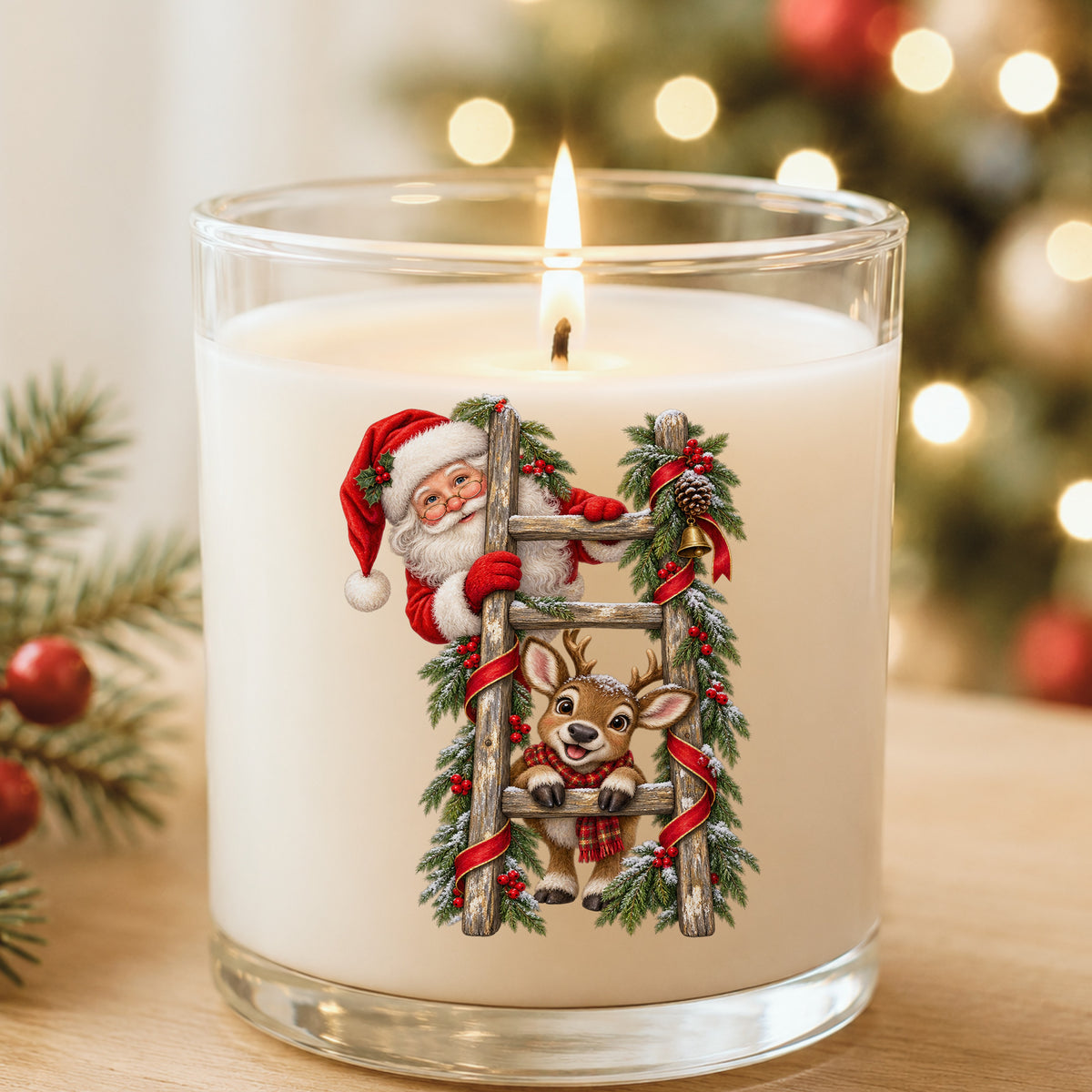 Santa And Reindeer On Wooden Ladder UV DTF sticker applied to a white candle in a glass holder near Christmas lights