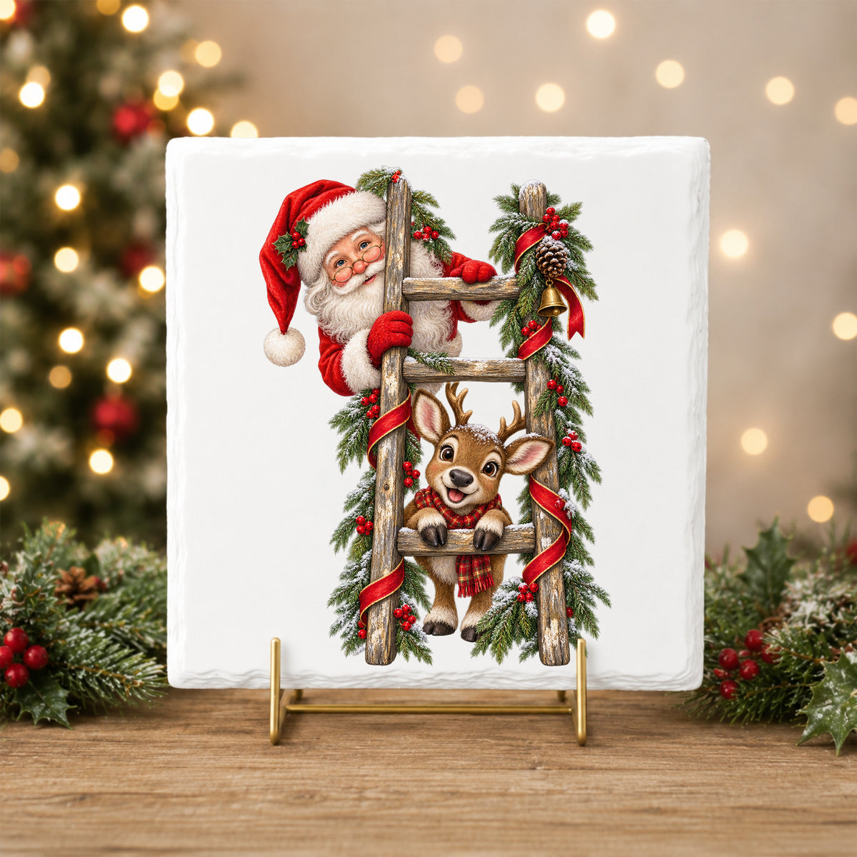 Santa And Reindeer On Wooden Ladder UV DTF sticker applied to a white tile on a gold stand