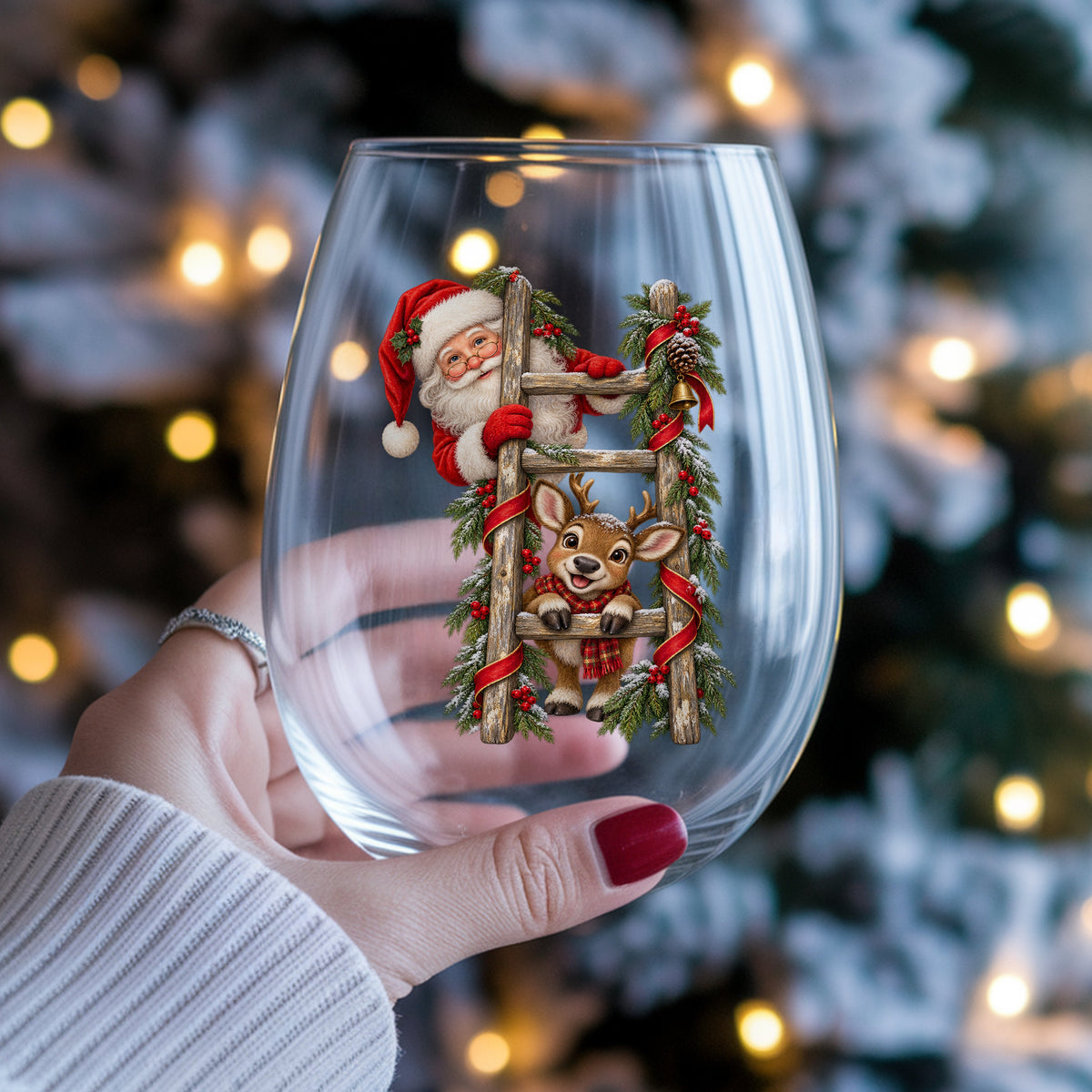 Santa And Reindeer On Wooden Ladder UV DTF sticker applied to a stemless wine glass held in hand