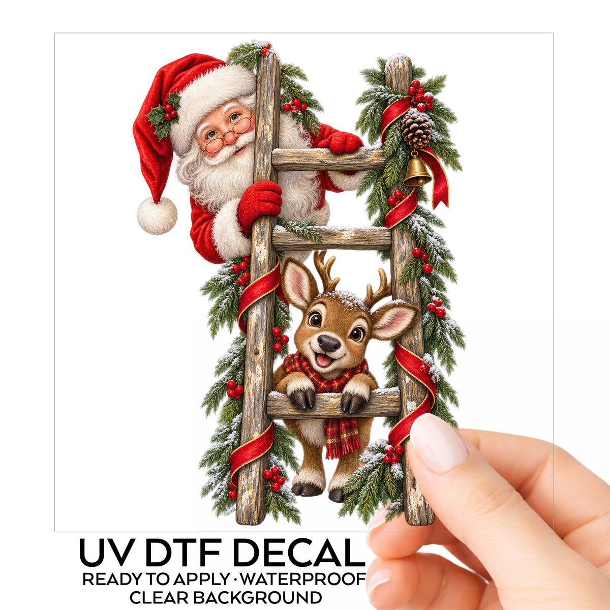 Santa And Reindeer On Wooden Ladder UV DTF sticker on its backing card, held in hand