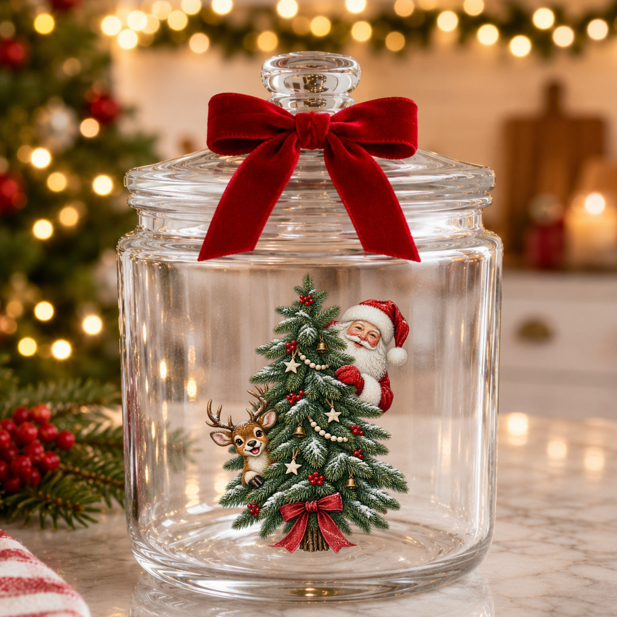Santa And Reindeer Peeking Behind Christmas Tree UV DTF sticker applied to a glass candy jar tied with a red bow