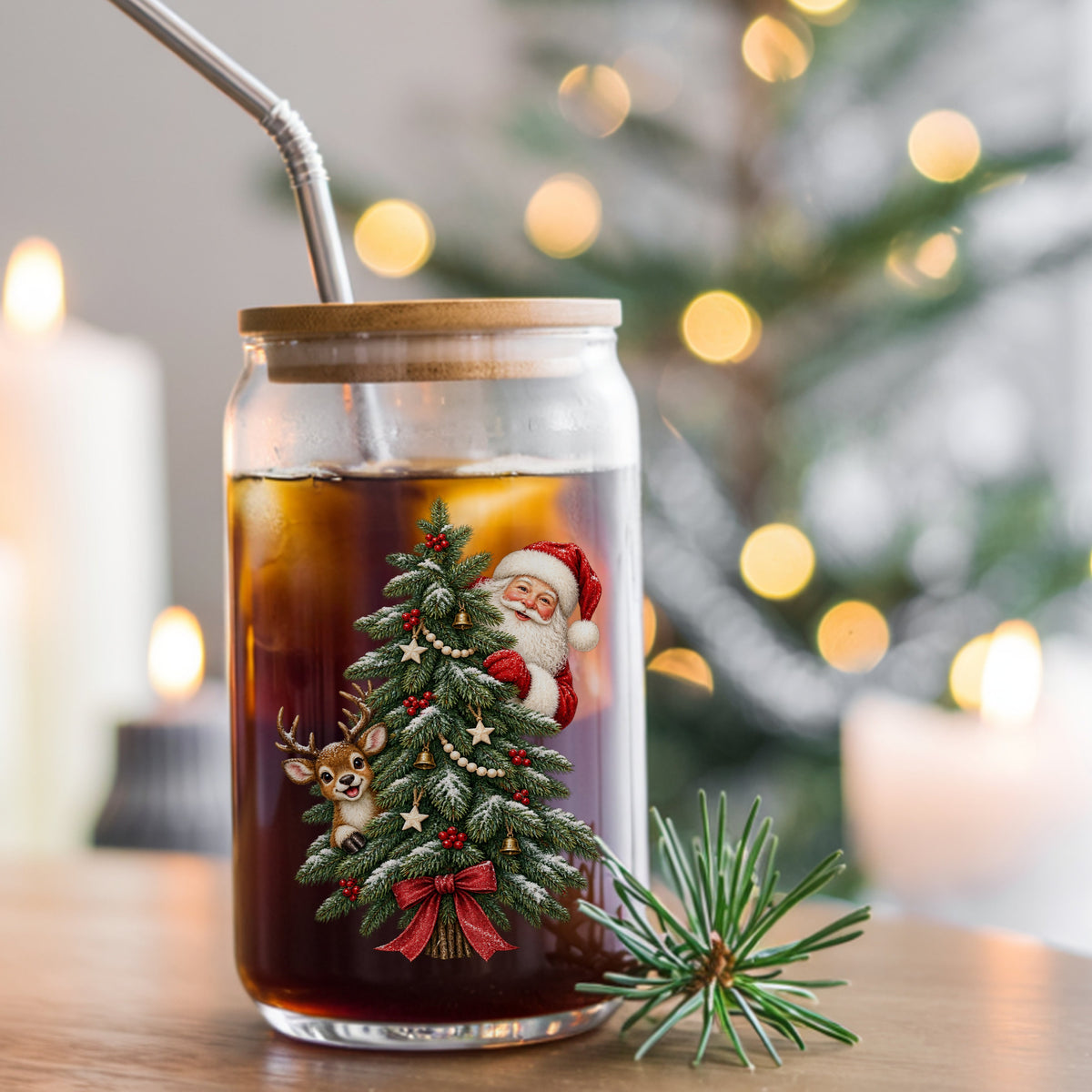 Santa And Reindeer Peeking Behind Christmas Tree UV DTF sticker applied to a glass can cup of iced coffee with a straw