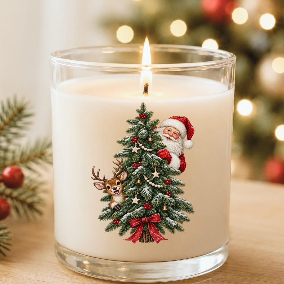 Santa And Reindeer Peeking Behind Christmas Tree UV DTF sticker applied to a white candle in a glass holder near Christmas lights