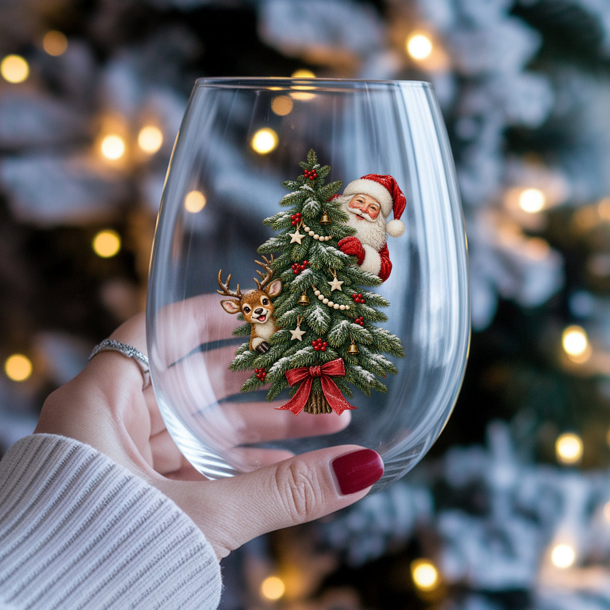 Santa And Reindeer Peeking Behind Christmas Tree UV DTF sticker applied to a stemless wine glass held in hand
