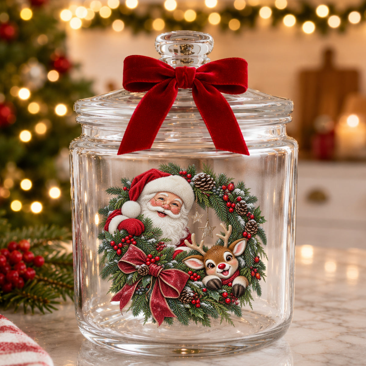 Santa And Reindeer In Berry Pinecone Wreath UV DTF sticker applied to a glass candy jar tied with a red bow