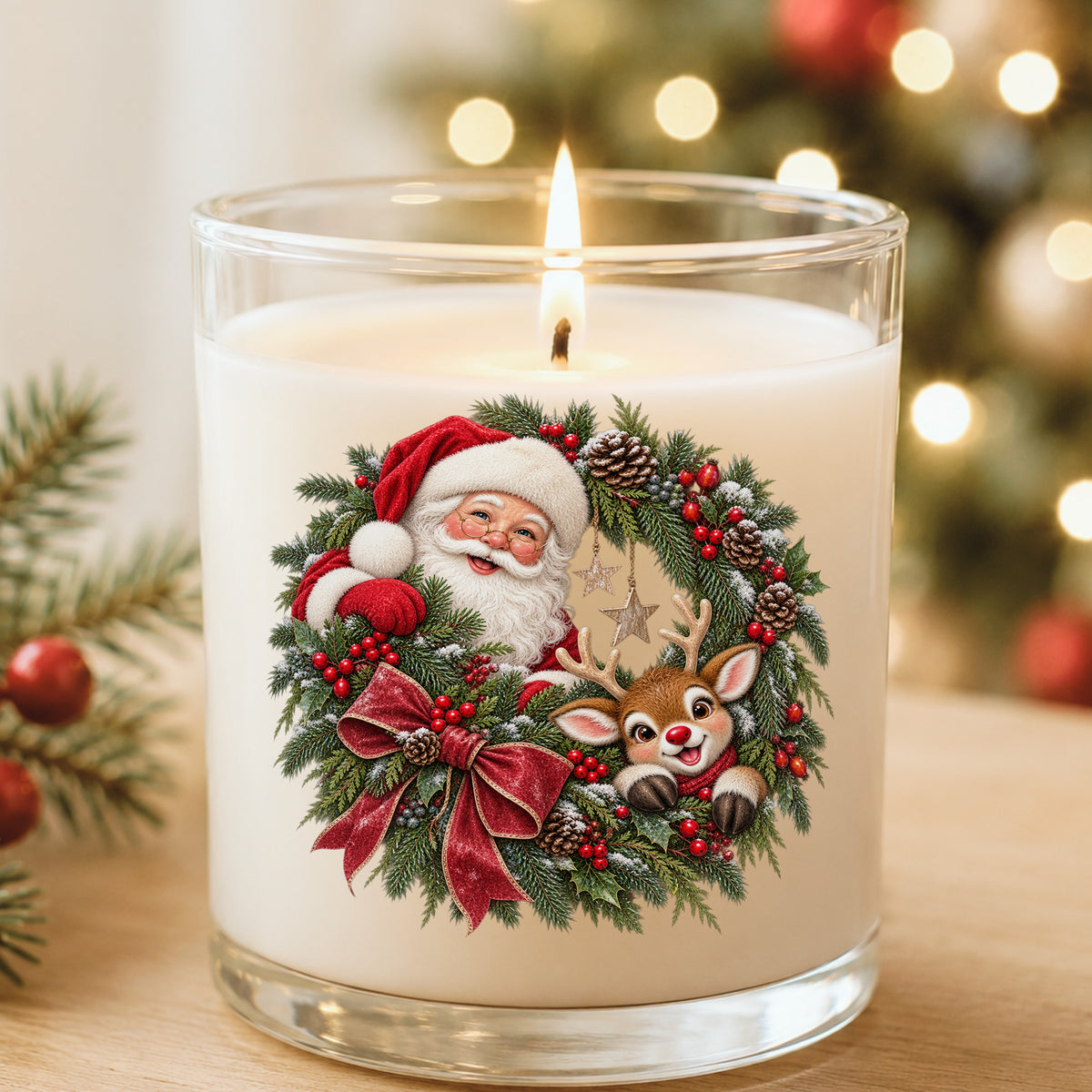 Santa And Reindeer In Berry Pinecone Wreath UV DTF sticker applied to a white candle in a glass holder near Christmas lights