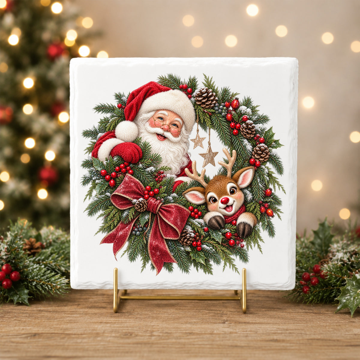 Santa And Reindeer In Berry Pinecone Wreath UV DTF sticker applied to a white tile on a gold stand