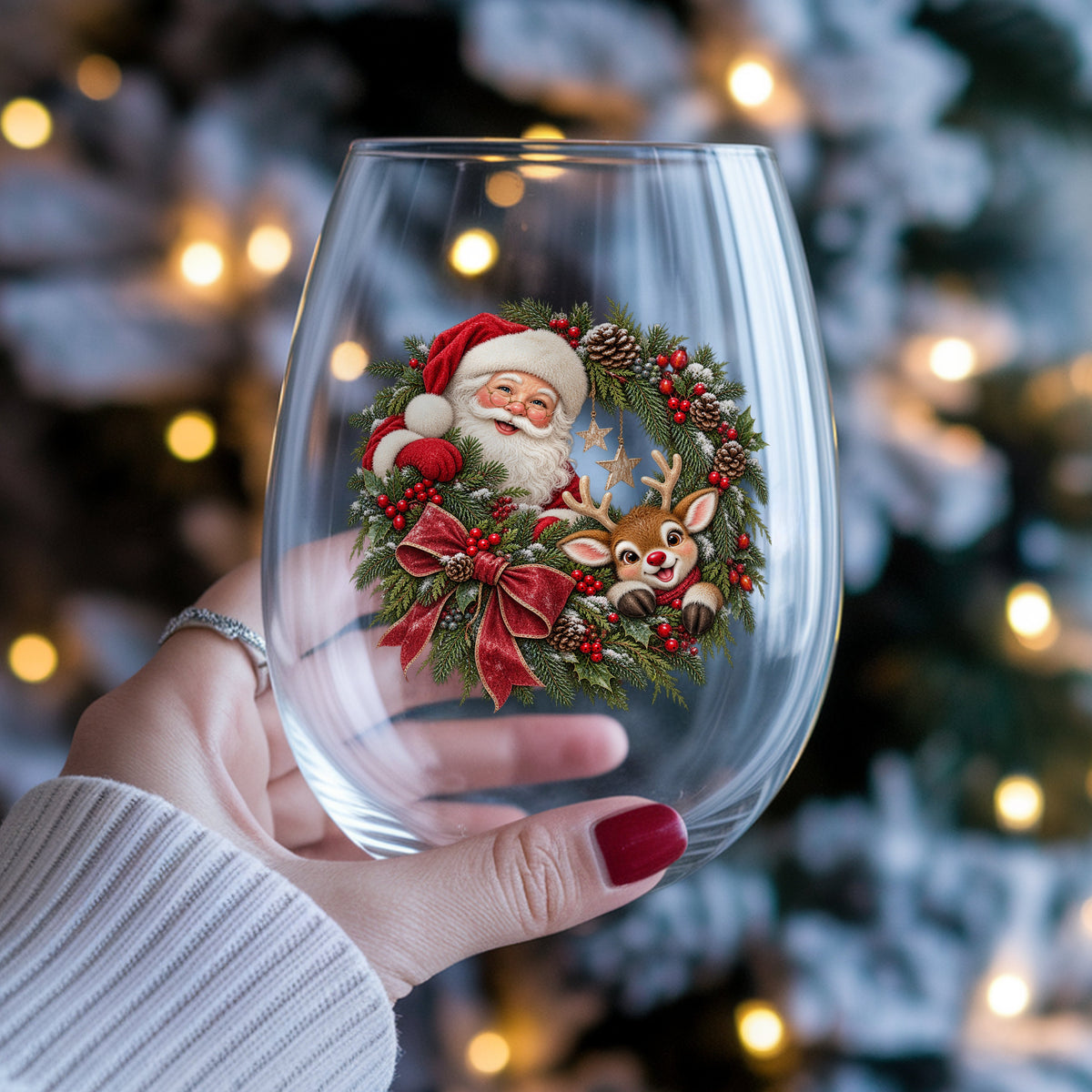 Santa And Reindeer In Berry Pinecone Wreath UV DTF sticker applied to a stemless wine glass held in hand