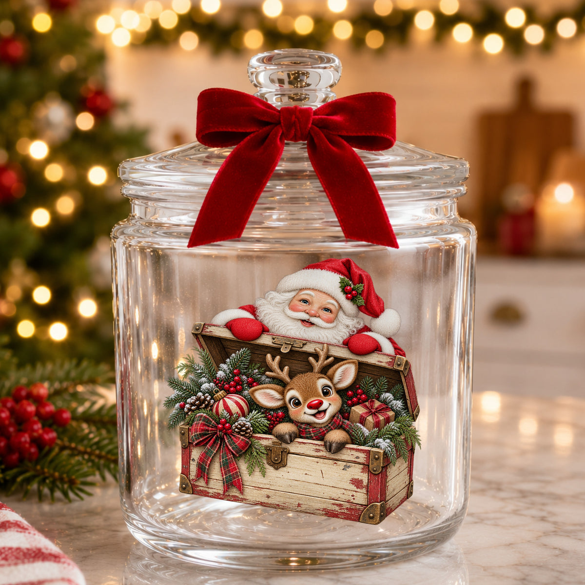 Santa And Reindeer In Vintage Toy Chest UV DTF sticker applied to a glass candy jar tied with a red bow
