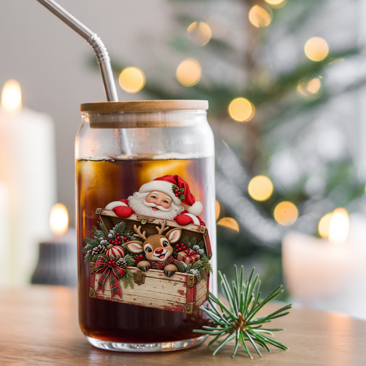Santa And Reindeer In Vintage Toy Chest UV DTF sticker applied to a glass can cup of iced coffee with a straw
