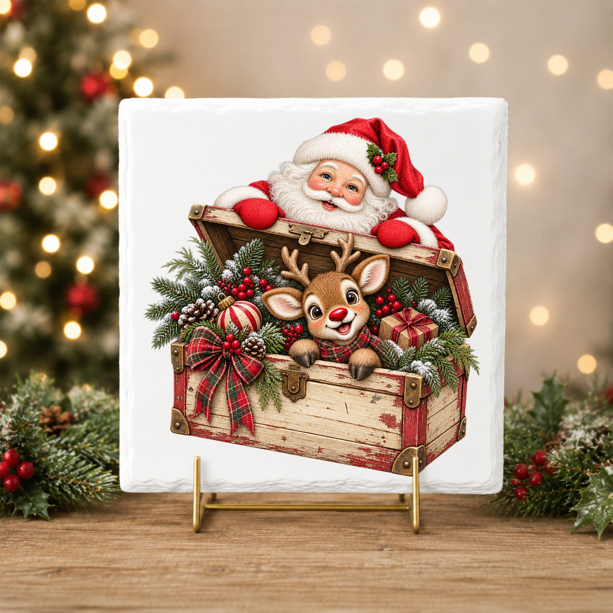 Santa And Reindeer In Vintage Toy Chest UV DTF sticker applied to a white tile on a gold stand