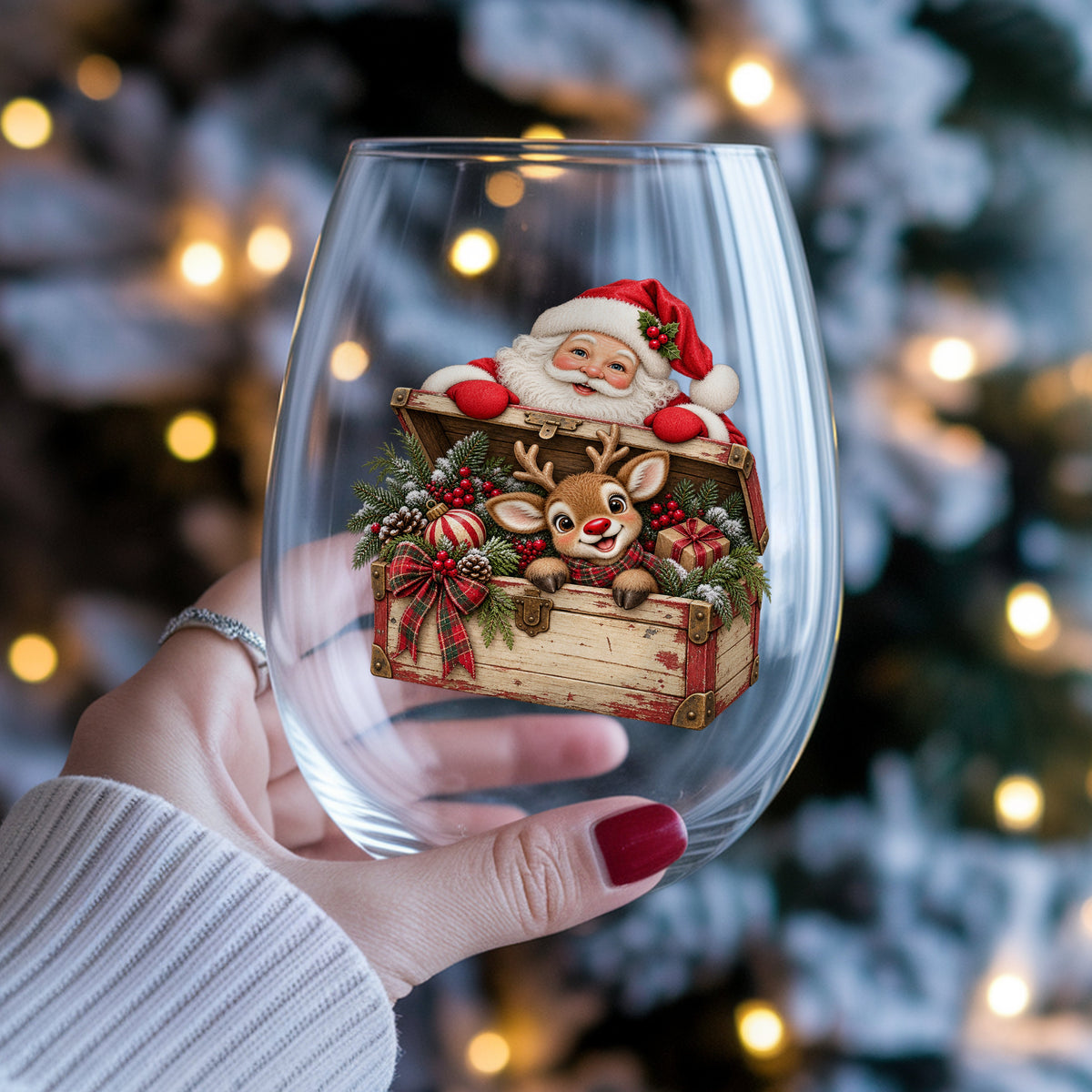Santa And Reindeer In Vintage Toy Chest UV DTF sticker applied to a stemless wine glass held in hand