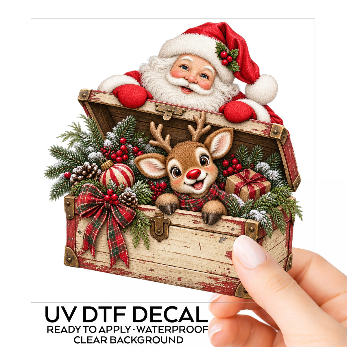 Santa And Reindeer In Vintage Toy Chest UV DTF sticker on its backing card, held in hand