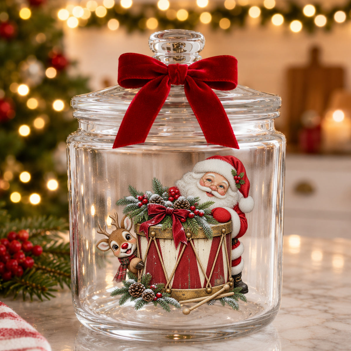 Santa And Reindeer With Vintage Toy Drum UV DTF sticker applied to a glass candy jar tied with a red bow