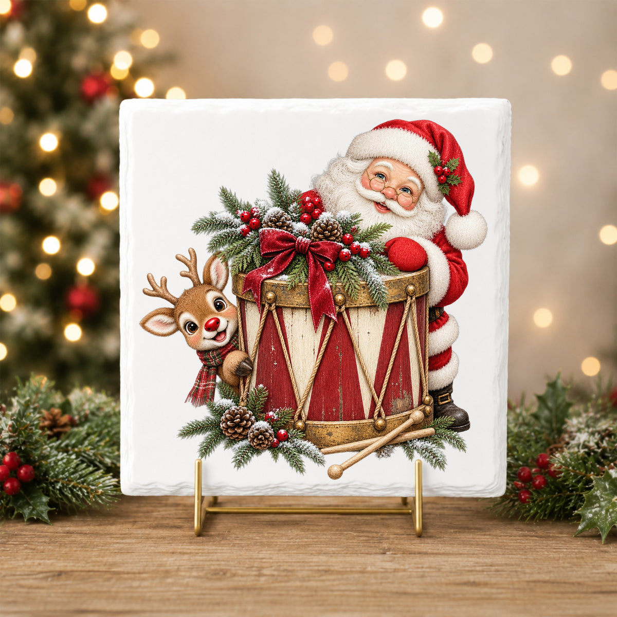 Santa And Reindeer With Vintage Toy Drum UV DTF sticker applied to a white tile on a gold stand