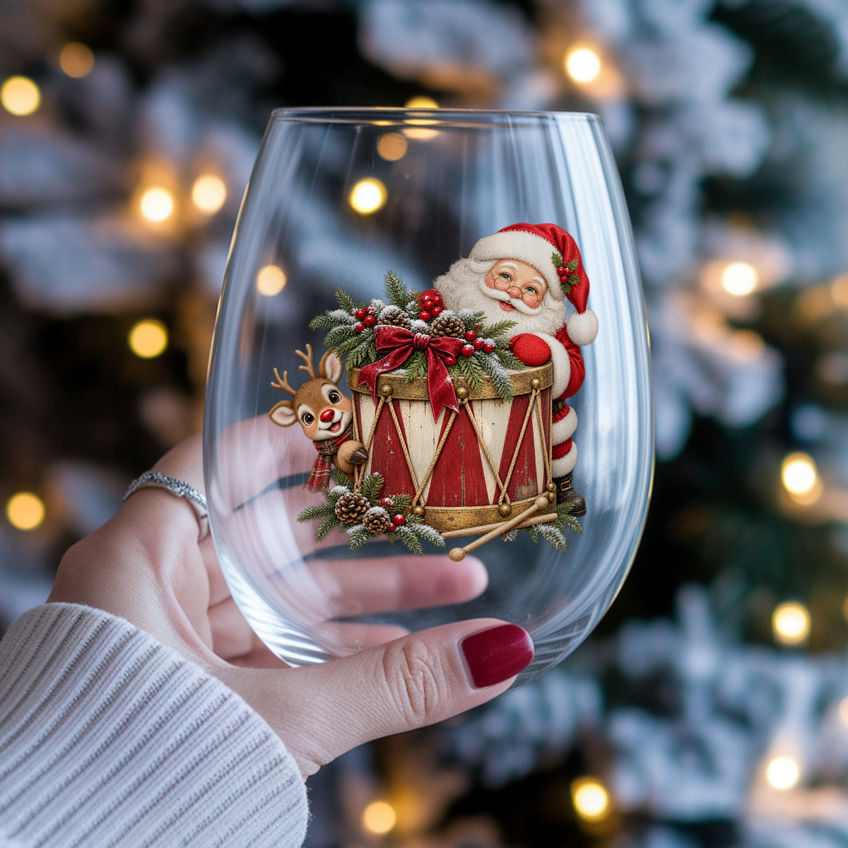 Santa And Reindeer With Vintage Toy Drum UV DTF sticker applied to a stemless wine glass held in hand