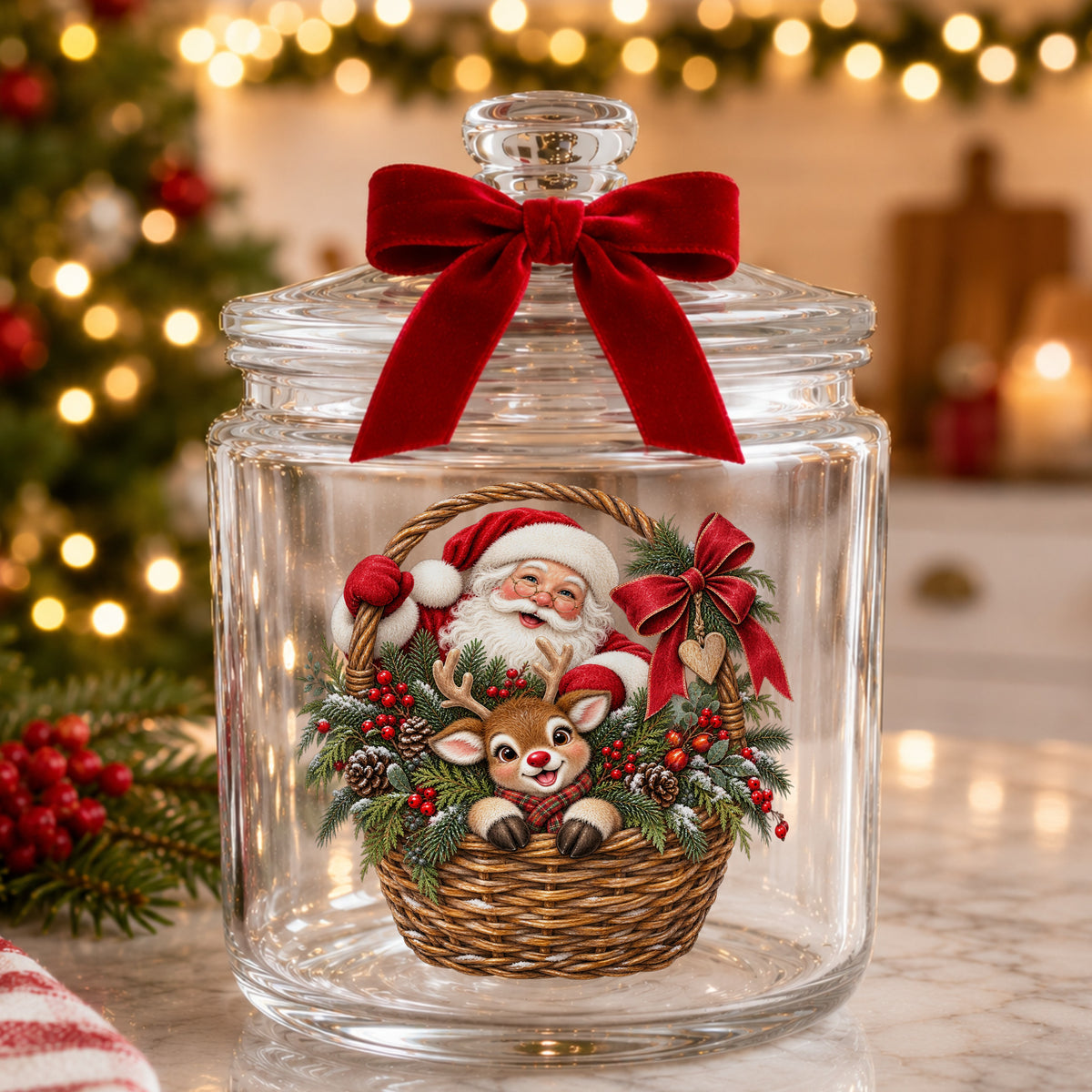 Santa And Reindeer In Wicker Basket UV DTF sticker applied to a glass candy jar tied with a red bow