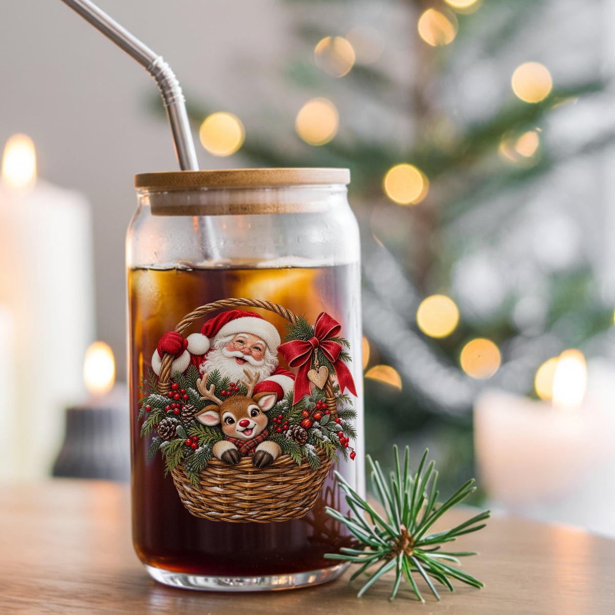 Santa And Reindeer In Wicker Basket UV DTF sticker applied to a glass can cup of iced coffee with a straw
