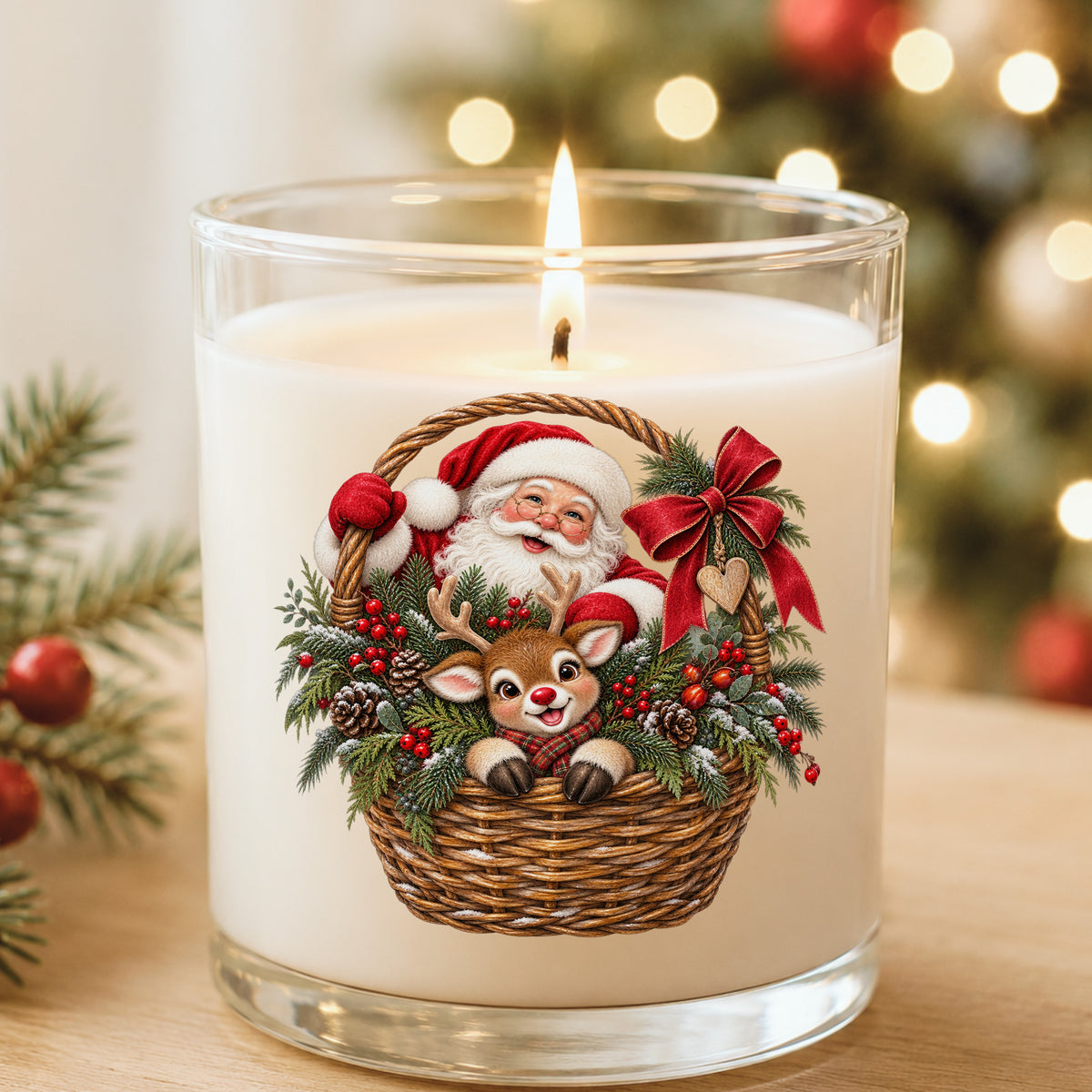 Santa And Reindeer In Wicker Basket UV DTF sticker applied to a white candle in a glass holder near Christmas lights