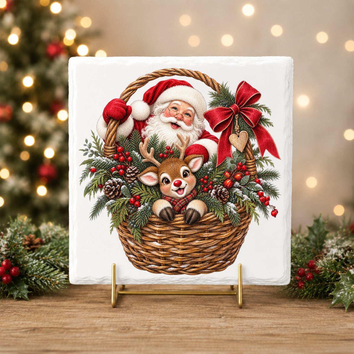Santa And Reindeer In Wicker Basket UV DTF sticker applied to a white tile on a gold stand