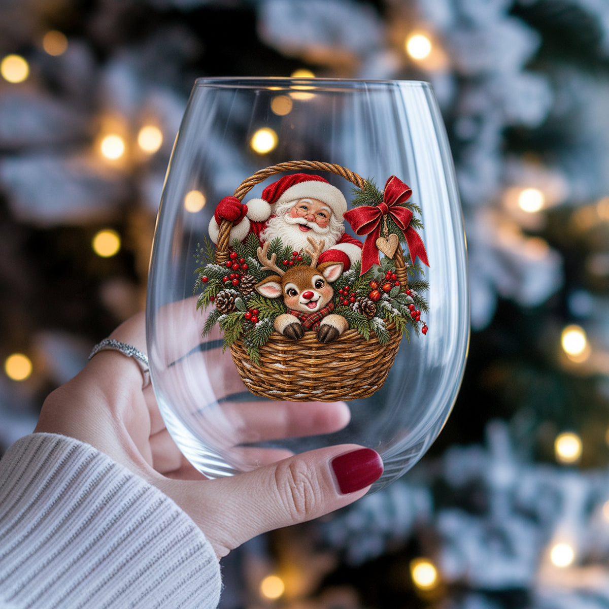 Santa And Reindeer In Wicker Basket UV DTF sticker applied to a stemless wine glass held in hand