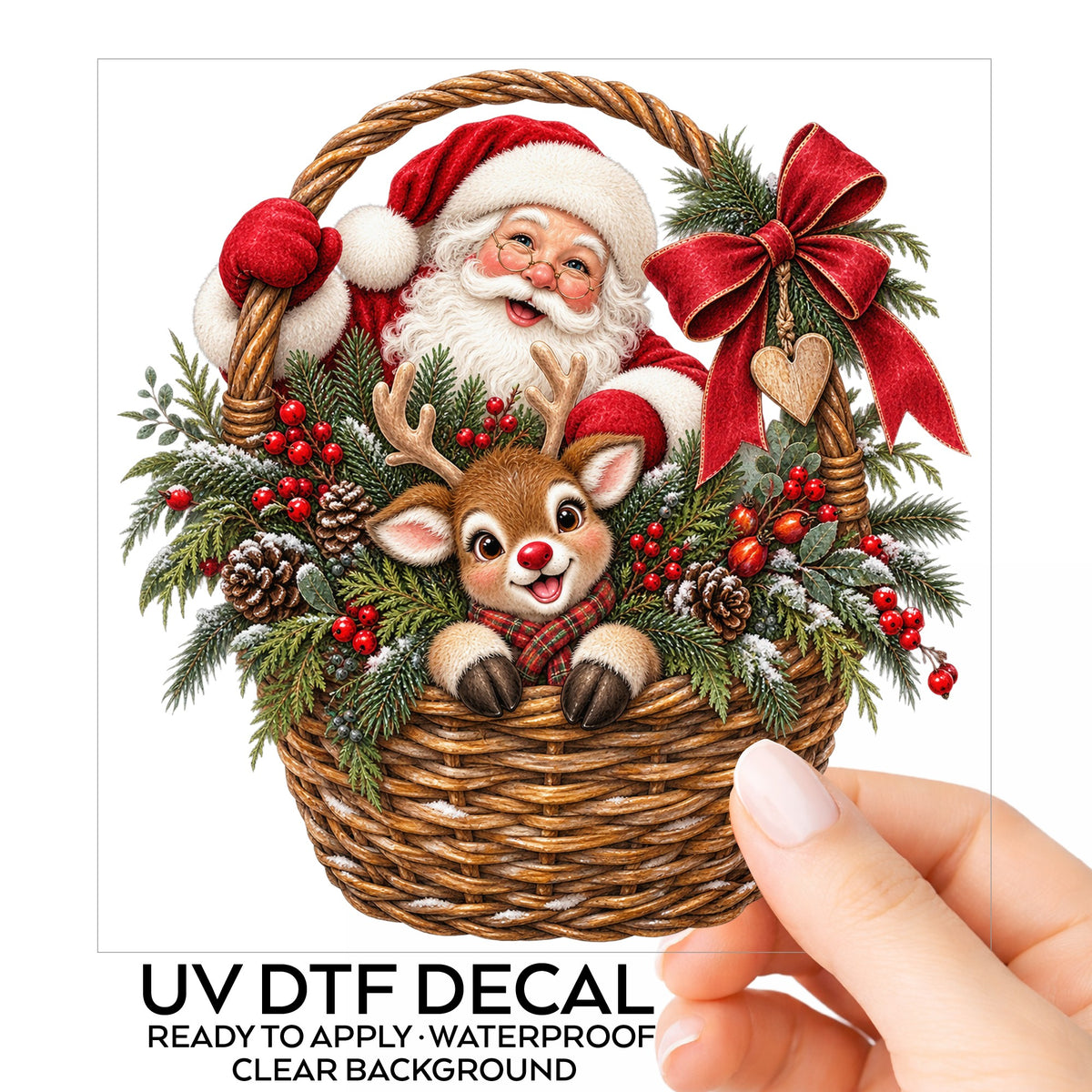 Santa And Reindeer In Wicker Basket UV DTF sticker on its backing card, held in hand