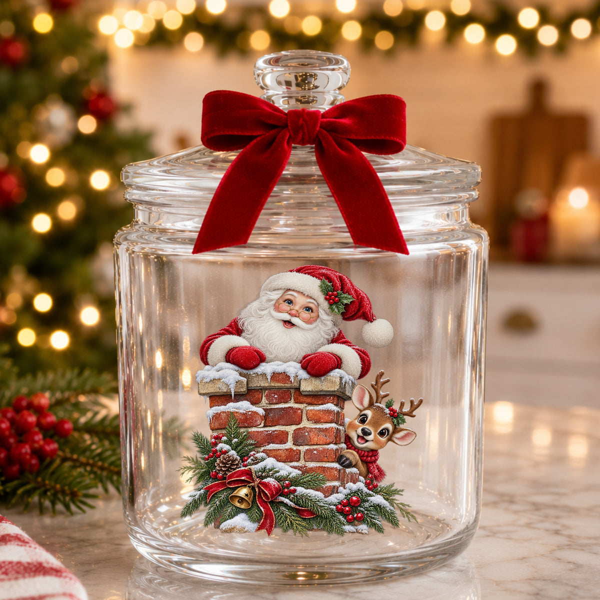 Santa And Reindeer At Brick Chimney UV DTF sticker applied to a glass candy jar tied with a red bow