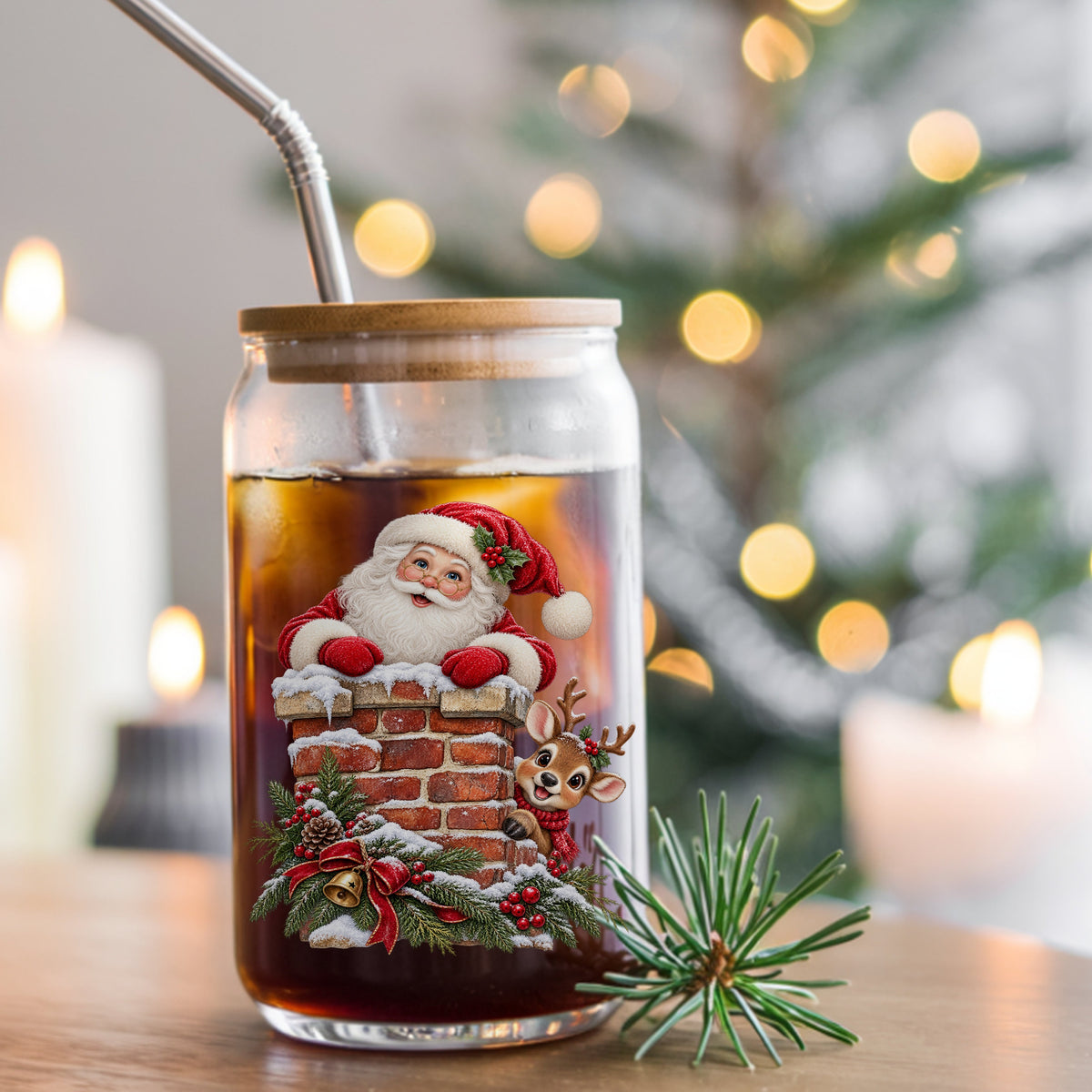Santa And Reindeer At Brick Chimney UV DTF sticker applied to a glass can cup of iced coffee with a straw