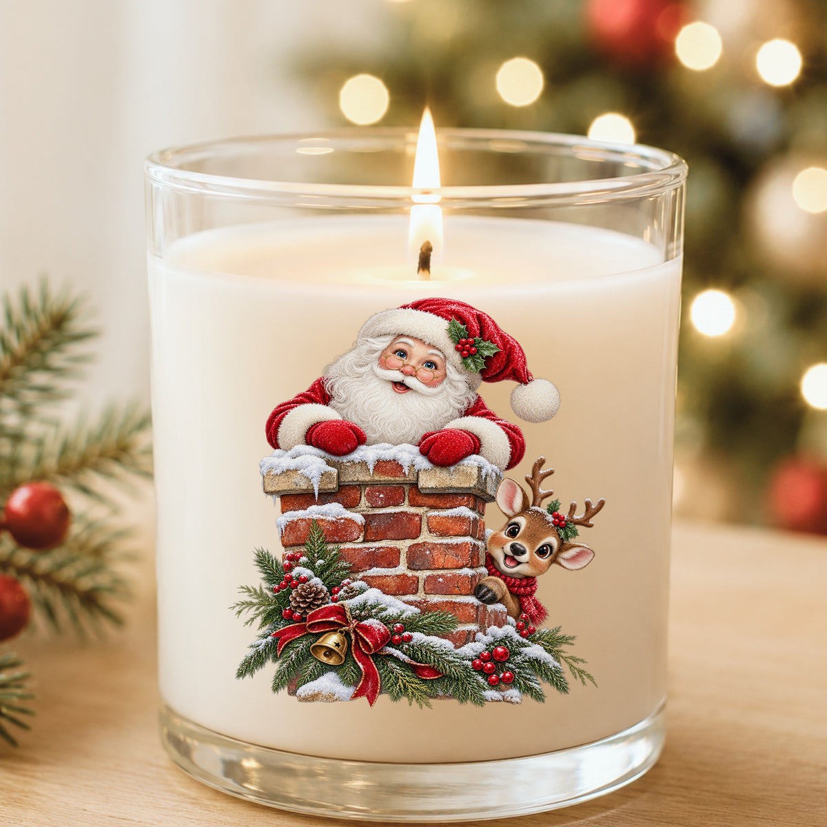Santa And Reindeer At Brick Chimney UV DTF sticker applied to a white candle in a glass holder near Christmas lights
