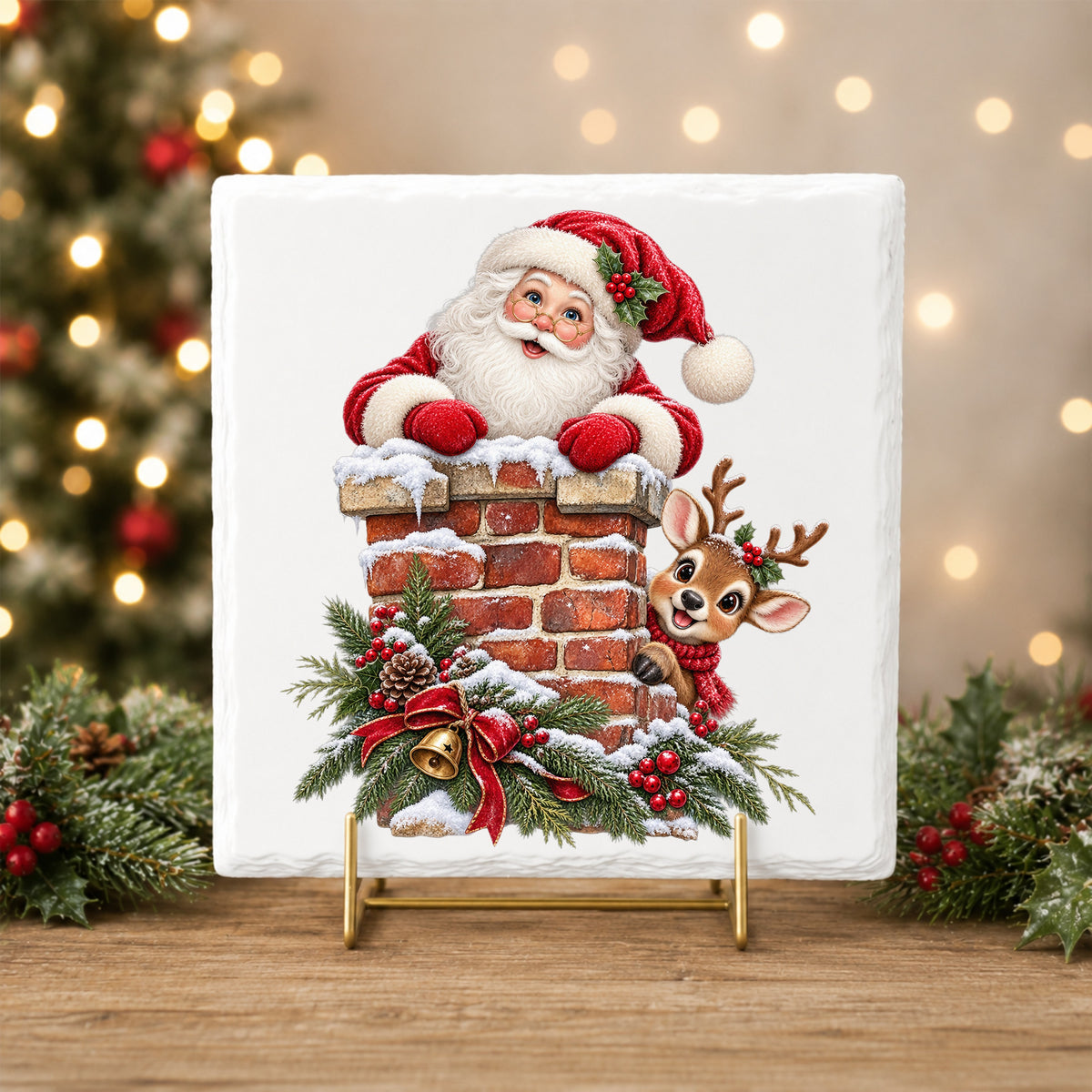 Santa And Reindeer At Brick Chimney UV DTF sticker applied to a white tile on a gold stand
