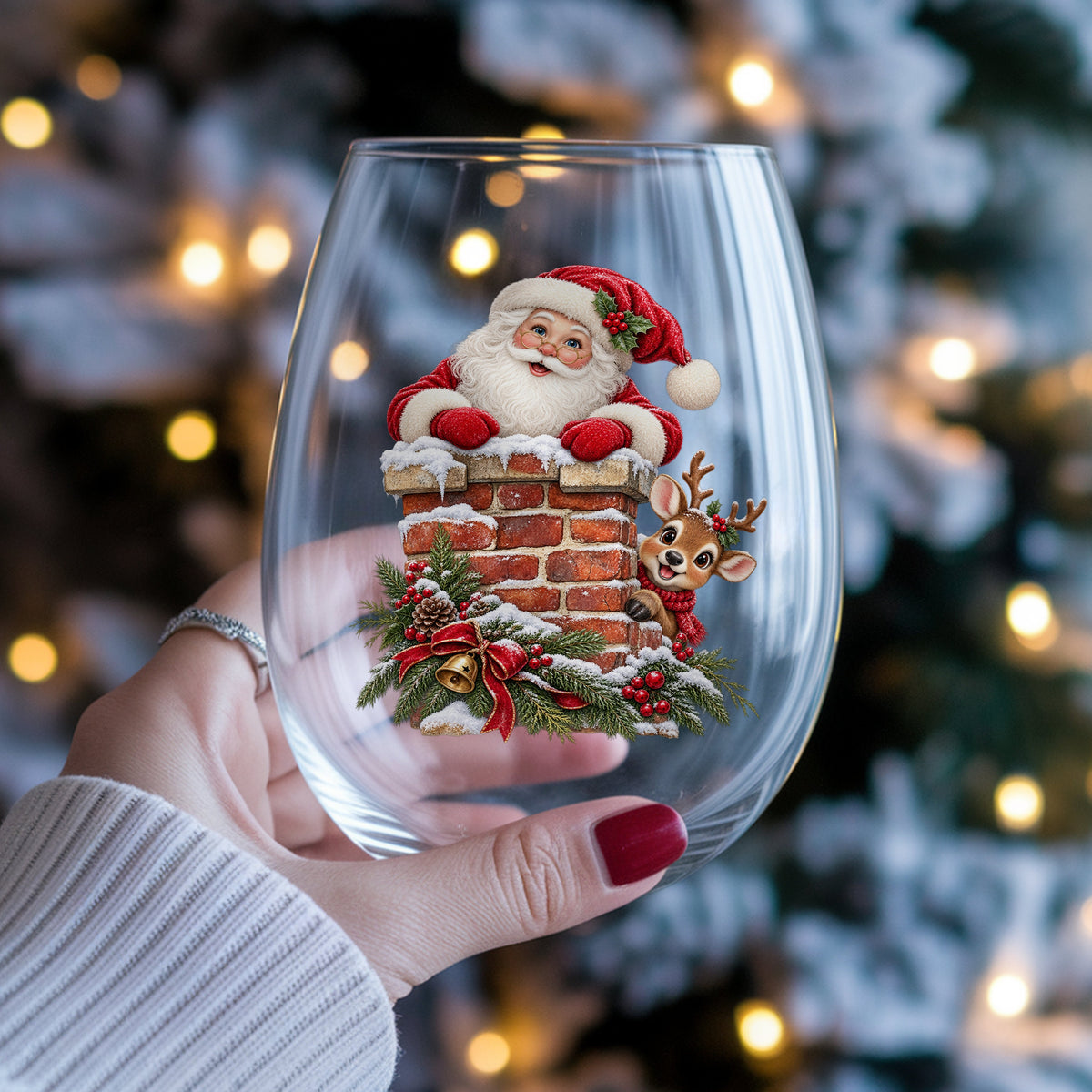 Santa And Reindeer At Brick Chimney UV DTF sticker applied to a stemless wine glass held in hand