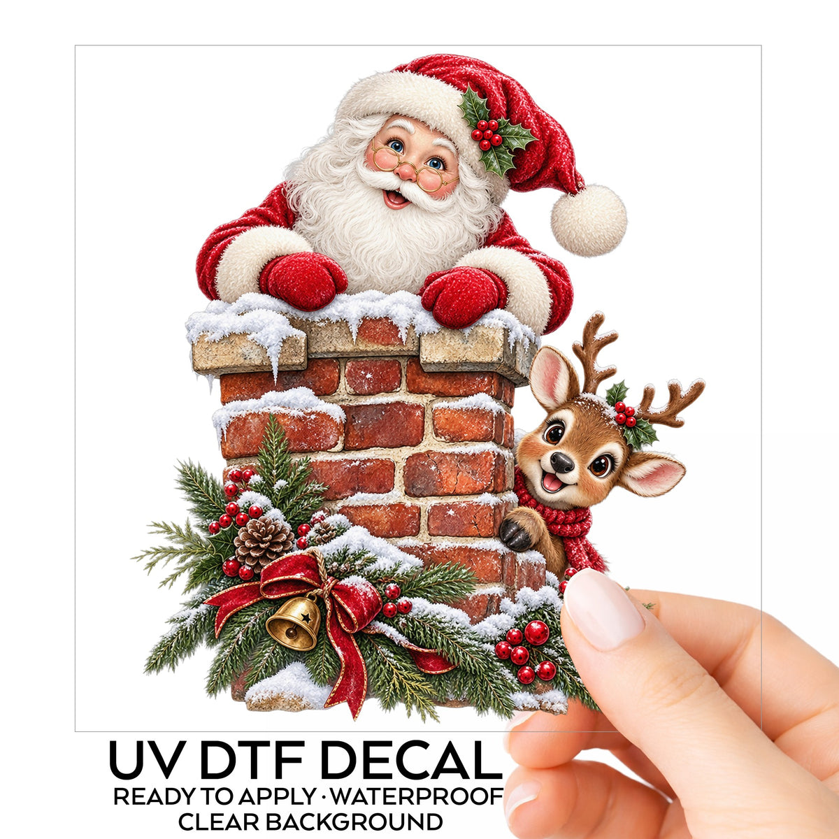 Santa And Reindeer At Brick Chimney UV DTF sticker on its backing card, held in hand